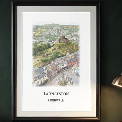 Art print of Launceston Castle watercolour illustration displayed as a wall poster