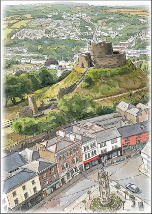 Watercolour poster of Launceston Castle and the town Centre from a Birds Eye View