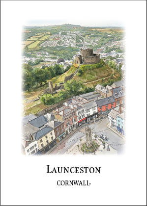 Watercolour and ink travel poster of Launceston Castle and the town square, Cornwall, in muted earth tones