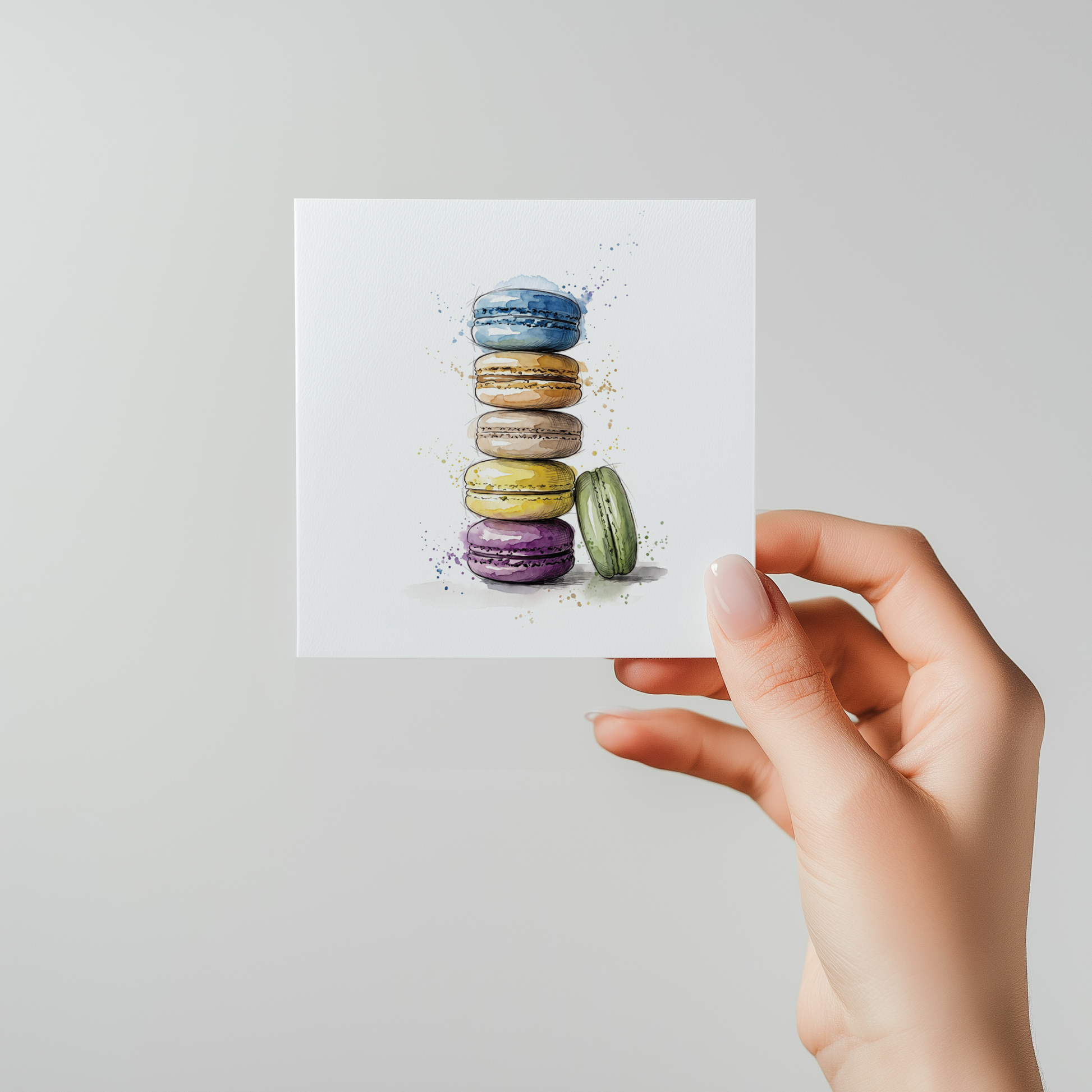 A hand holds a square white art print featuring a stacked watercolour illustration of colourful macarons against a light grey background.