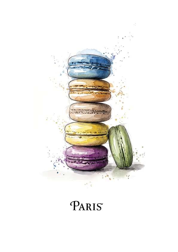 A watercolour-style illustration of five stacked French macarons in blue, beige, yellow, purple, and green, with the word 'PARIS' printed below on a white background.
