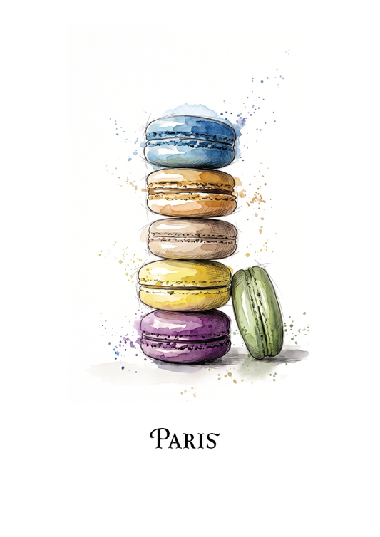 A watercolour-style illustration of five stacked French macarons in blue, beige, yellow, purple, and green, with the word 'PARIS' printed below on a white background.