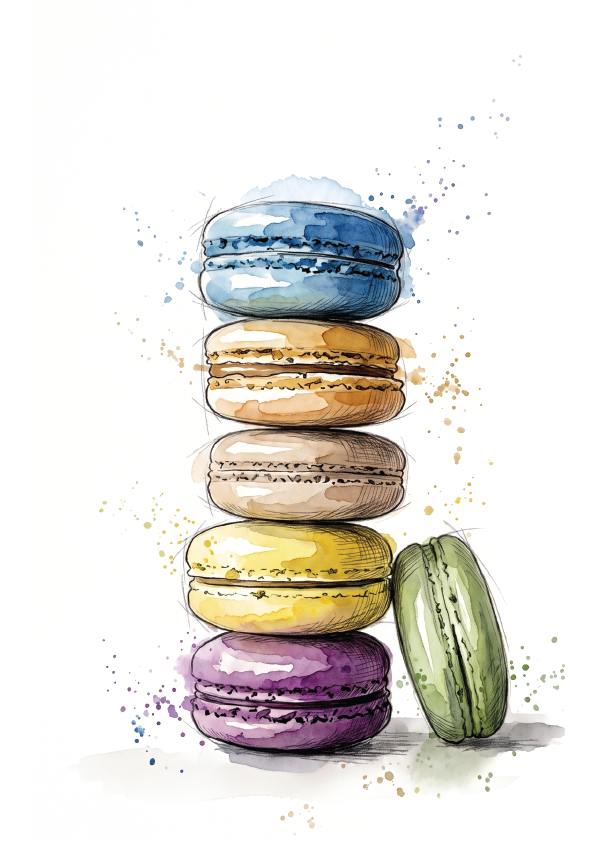 Watercolour-style illustration of a vertical stack of colorful French macarons on a white background, with one green macaron leaning beside the stack and paint splatter accents around them.