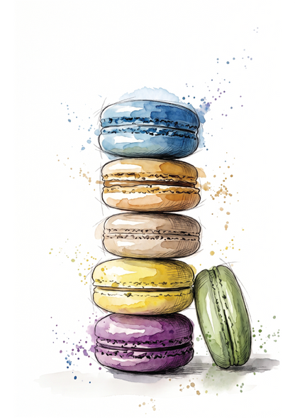 Watercolour-style illustration of a vertical stack of colorful French macarons on a white background, with one green macaron leaning beside the stack and paint splatter accents around them.