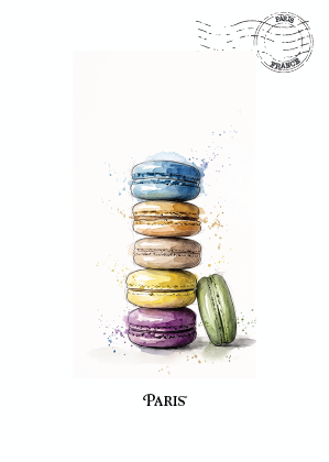 A vertical illustration of five stacked pastel macarons in blue, tan, yellow, purple, and green on a white background, with a circular Paris postmark in the top right and the word PARIS centered near the bottom.