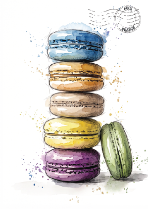 A stack of six watercolour-style macarons in blue, tan, beige, yellow, purple, and green on a white background, with a faint postage stamp graphic in the upper right.