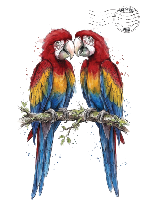 A watercolour-style illustration postcard of two scarlet macaws perched on a branch, with red, yellow, and blue feathers, set on a white background with a faint postage stamp graphic in the upper right.