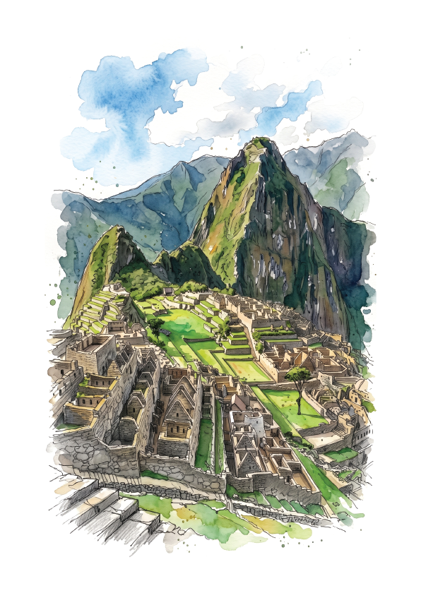 Watercolour-style illustration of Machu Picchu, showing the ancient ruins, green terraces, and surrounding mountain peaks under a blue sky with soft clouds.