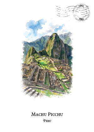 A watercolour-style travel illustration of Machu Picchu, Peru, centered on a white background with the text 'MACHU PICCHU' and 'PERU' below. The artwork shows green terraces, stone ruins, and a mountain under a blue sky, with a circular stamp-like graphic near the top right.