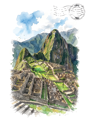 Watercolour-style illustration of Machu Picchu with green mountains, stone ruins, blue sky, and a postage stamp graphic in the upper right on a white background.