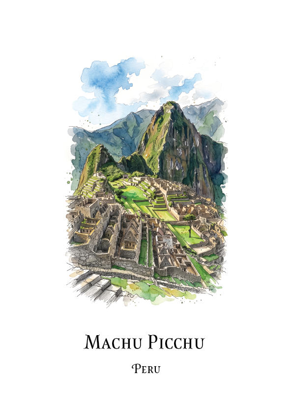 A watercolour-style travel art print of Machu Picchu, Peru, featuring an illustration of the ancient ruins and mountain peak with the text 'MACHU PICCHU' and 'PERU' below on a white background.