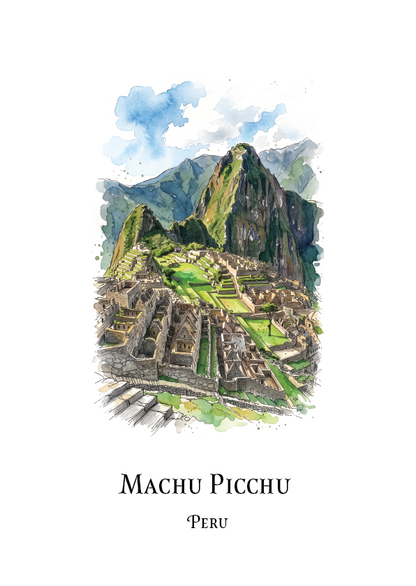 A watercolour-style travel art print of Machu Picchu, Peru, featuring an illustration of the ancient ruins and mountain peak with the text 'MACHU PICCHU' and 'PERU' below on a white background.