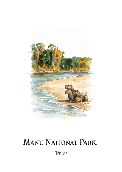 A minimalist art print featuring a watercolour illustration of capybara animals on a sandy beach next to a river, with a forest in the background. Below the illustration, the text reads 'MANU NATIONAL PARK' and 'PERU'.
