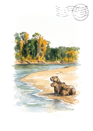 Watercolour-style illustration of a sandy riverbank with a family of capybara animals standing by the water, green and yellow trees in the background, and a postage stamp graphic in the upper right on a white field.