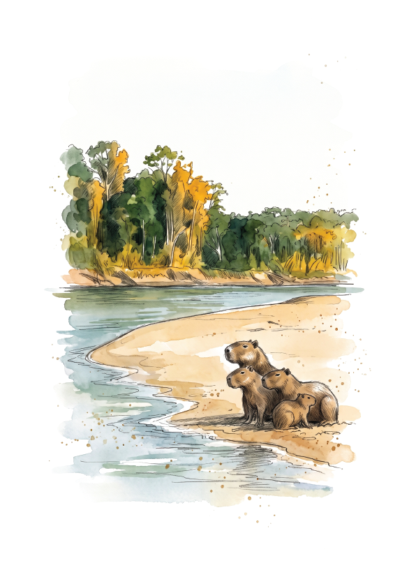 Watercolour-style illustration of four capybara animals sitting on a sandy riverbank with calm water and a tree-lined shore in the background at the Manu National Park