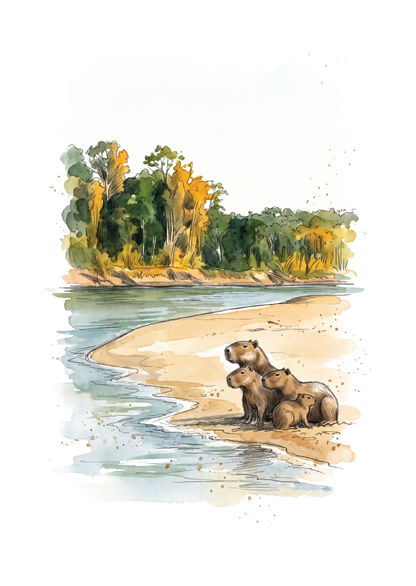 Watercolour-style illustration of four capybara animals sitting on a sandy riverbank with calm water and a tree-lined shore in the background at the Manu National Park