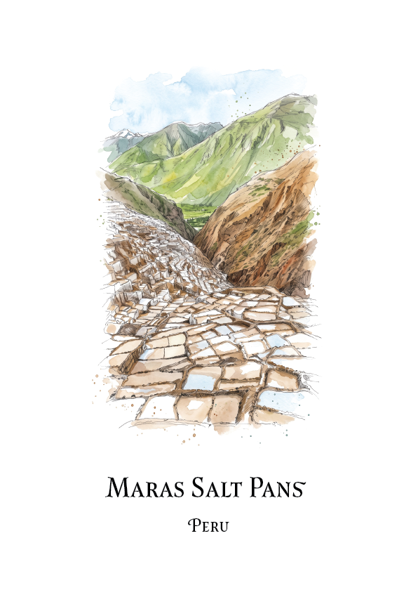 A vertical watercolour-style travel print showing the Maras Salt Plains in Peru, with stone salt pans in the foreground, green mountains in the background, and the text 'MARAS SALT PLAINS' and 'PERU' below on a white field.
