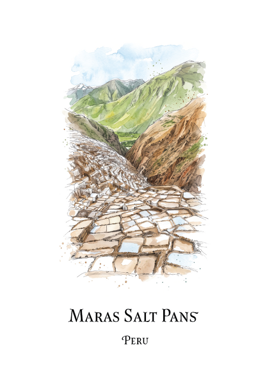 A vertical watercolour-style travel print showing the Maras Salt Plains in Peru, with stone salt pans in the foreground, green mountains in the background, and the text 'MARAS SALT PLAINS' and 'PERU' below on a white field.