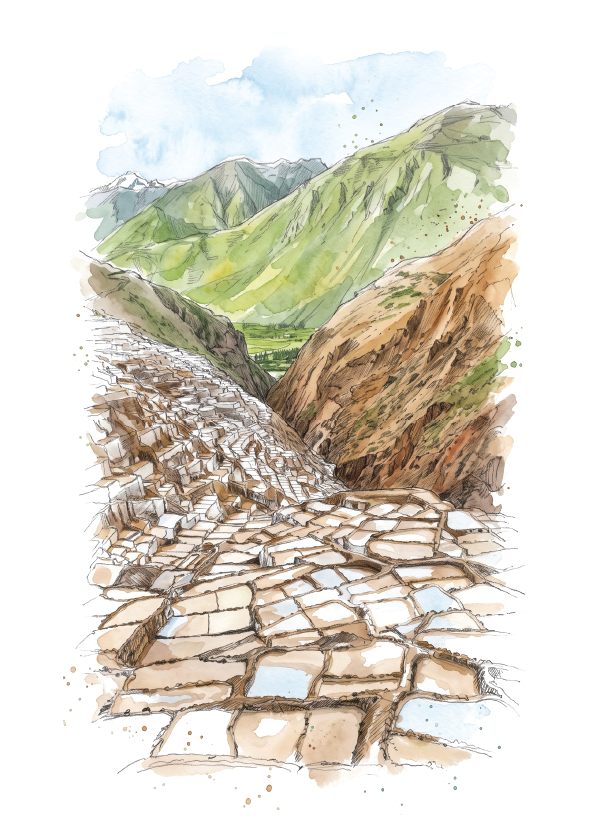 Watercolour-style travel poster illustration of the Maras Salt Plains in a mountain valley, with green hills and a brown rocky slope in the background.
