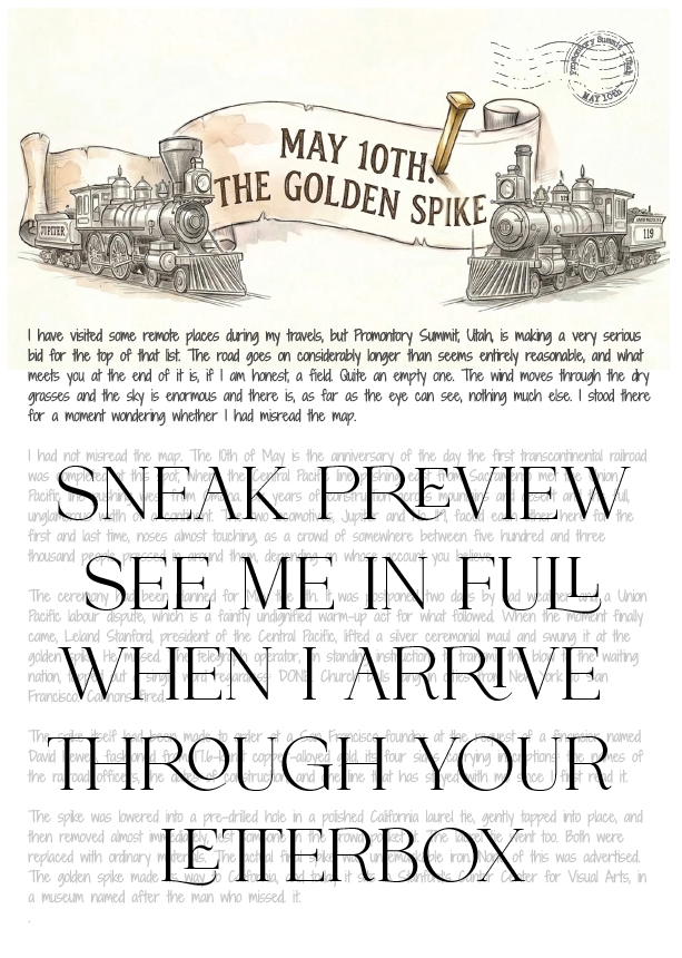 Promotional poster for a train journey with text and vintage train illustration.