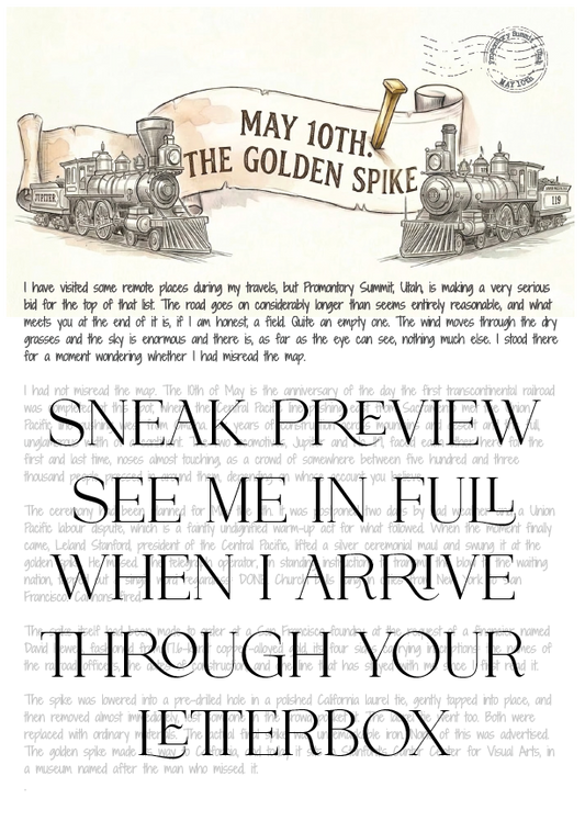 Promotional poster for a train journey with text and vintage train illustration.