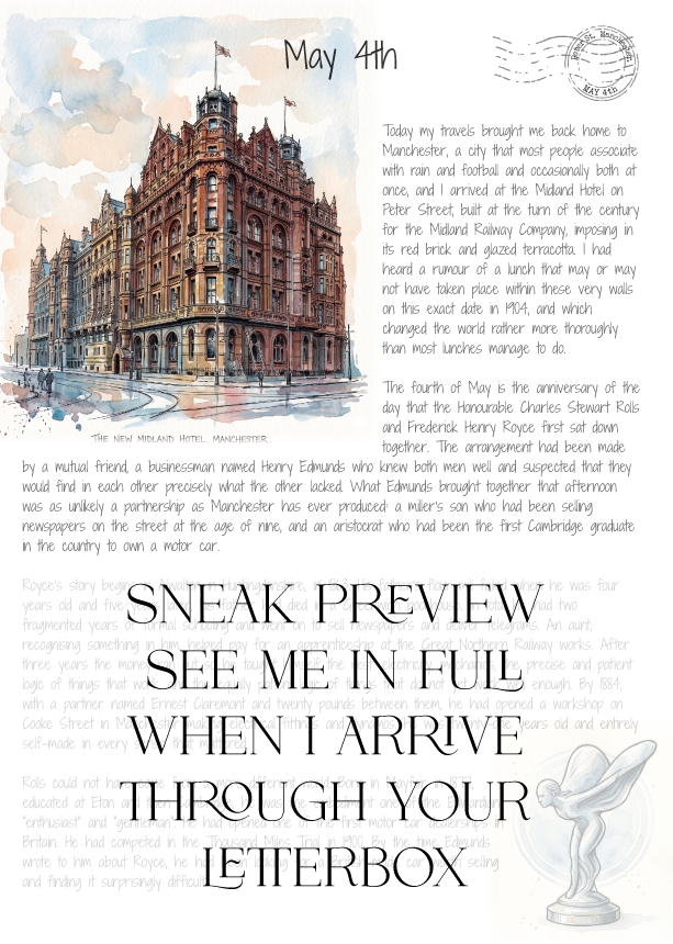 Letter with a scenic illustration of a building and text on a white background