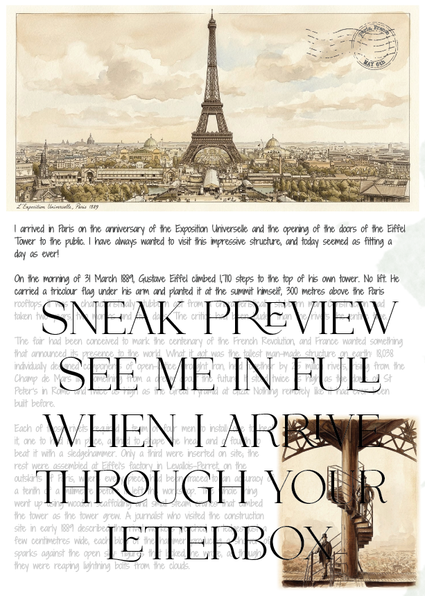 Promotional poster for a visit to the Eiffel Tower with text and vintage-style images.