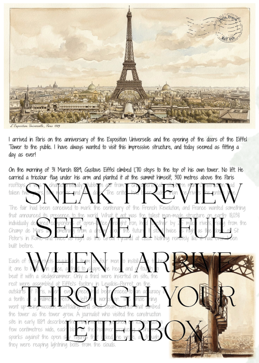 Promotional poster for a visit to the Eiffel Tower with text and vintage-style images.