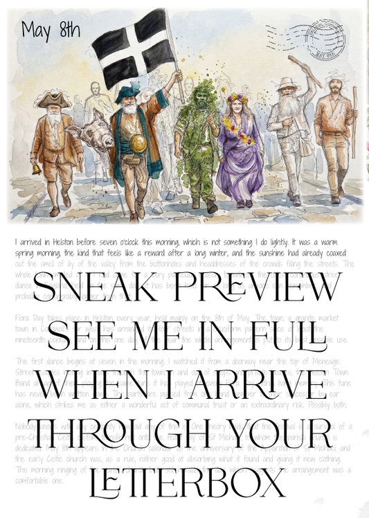 Illustration of people with a flag, text about a sneak peek, and a postmark on a white background.