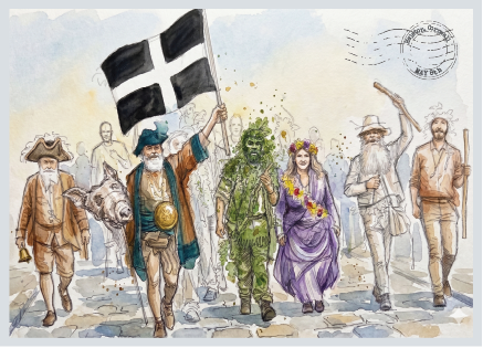 an image of people in a parade with the main character holding a Cornish flag in the air