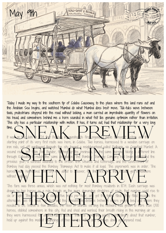 Black and white illustration of a horse-drawn tram with text overlay on a white background
