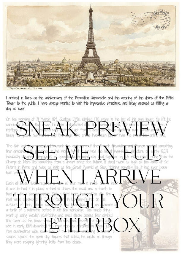 Vintage-style image of the Eiffel Tower with text overlay on a beige background