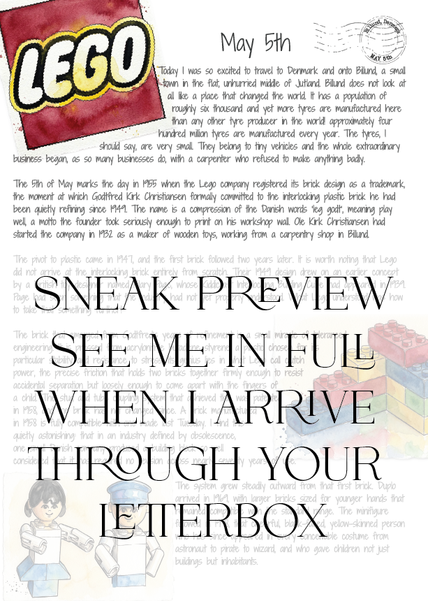 LEGO logo on the top of a letter telling the history of Lego with text and mini figure character, featuring the LEGO logo characters anf building blocks.
