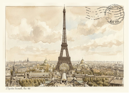 Vintage-style illustration of the Eiffel Tower with a cityscape in the background