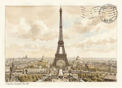 Watercolour and ink illustration of the Eiffel Tower rising above the Champ de Mars, Paris, as a travel poster