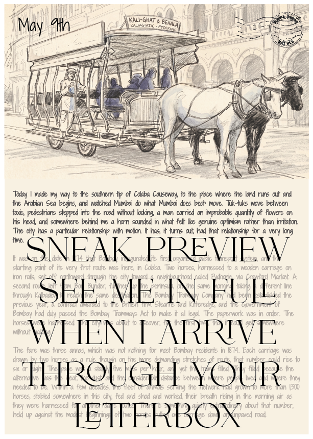 Black and white illustration of a horse-drawn tram with text overlay on a white background