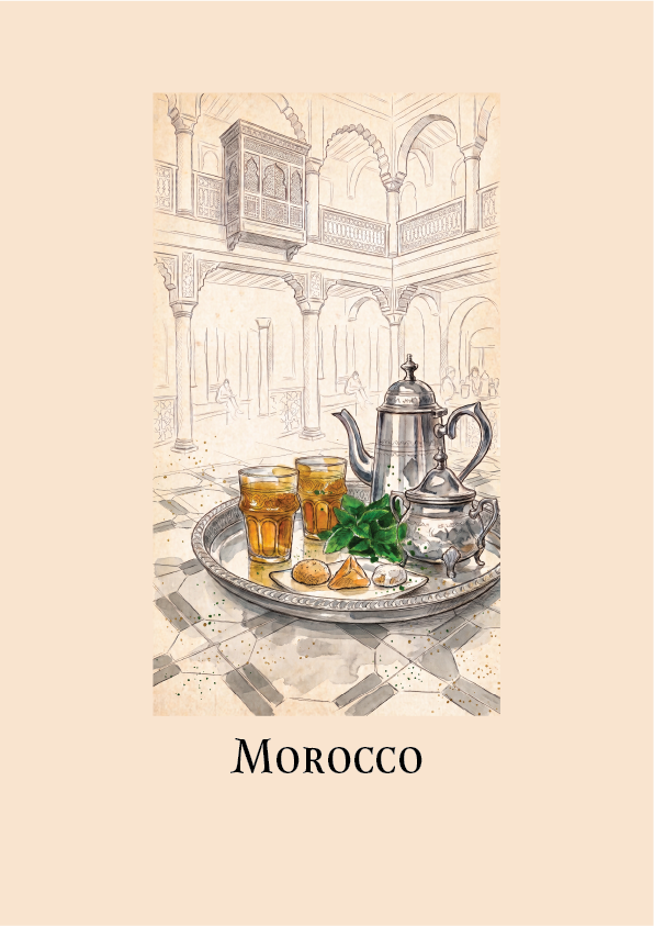 A vintage-style illustration travel poster of a traditional Moroccan tea setting on a silver tray, featuring a silver teapot, two glasses of amber-colored tea, green mint leaves, and cookies, set against a detailed sketch of a historic courtyard with arches and balconies with test underneath saying Morocco