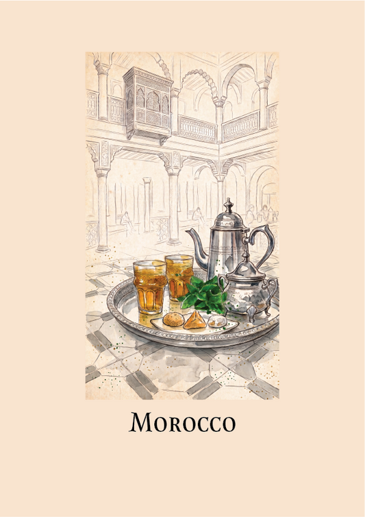 A vintage-style illustration travel poster of a traditional Moroccan tea setting on a silver tray, featuring a silver teapot, two glasses of amber-colored tea, green mint leaves, and cookies, set against a detailed sketch of a historic courtyard with arches and balconies with test underneath saying Morocco