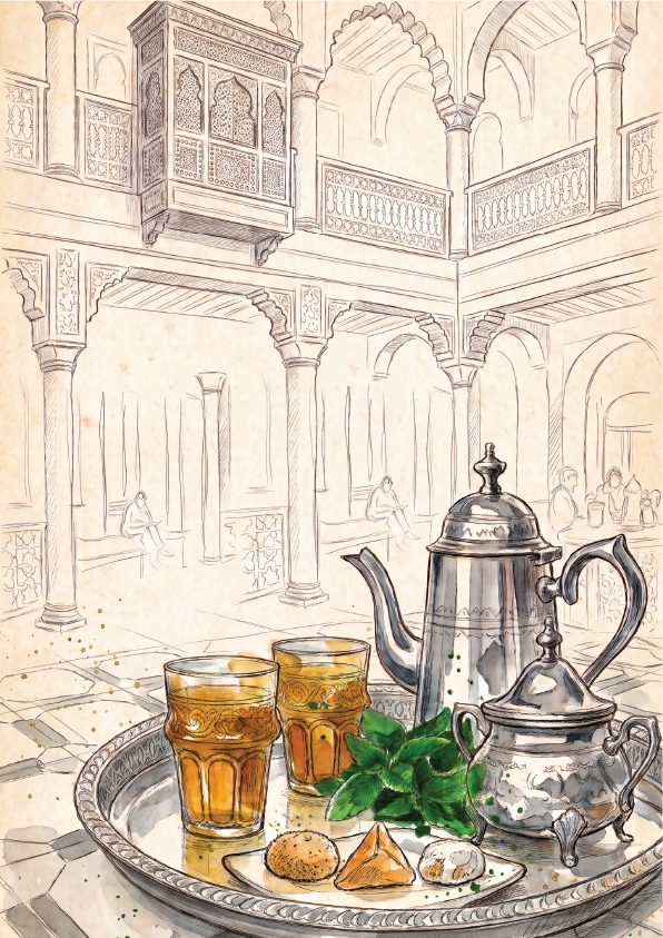 A vintage-style watercolour illustration of a traditional Moroccan tea setting on a silver tray, featuring a silver teapot, two glasses of amber-colored tea, green mint leaves, and cookies, set against a detailed sketch of a historic courtyard with arches and balconies.