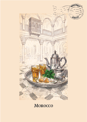 A travel art print of Morocco featuring a traditional Moroccan courtyard scene with a silver teapot, two glasses of tea, and pastries on a tray. The print is set on a warm beige background with the word 'MOROCCO' printed at the bottom.