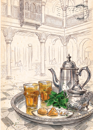 A vintage-style illustration of a traditional Moroccan tea setting on a silver tray, featuring a silver teapot, two glasses of amber-colored tea, green mint leaves, and cookies, set against a detailed sketch of a historic courtyard with arches and balconies.