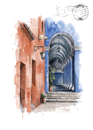 Watercolour-style illustration of a narrow arched corridor at Monasteria de Santa Catalina with terracotta walls on one side and blue arches and columns on the other, with a postage stamp graphic in the upper right on a white background.