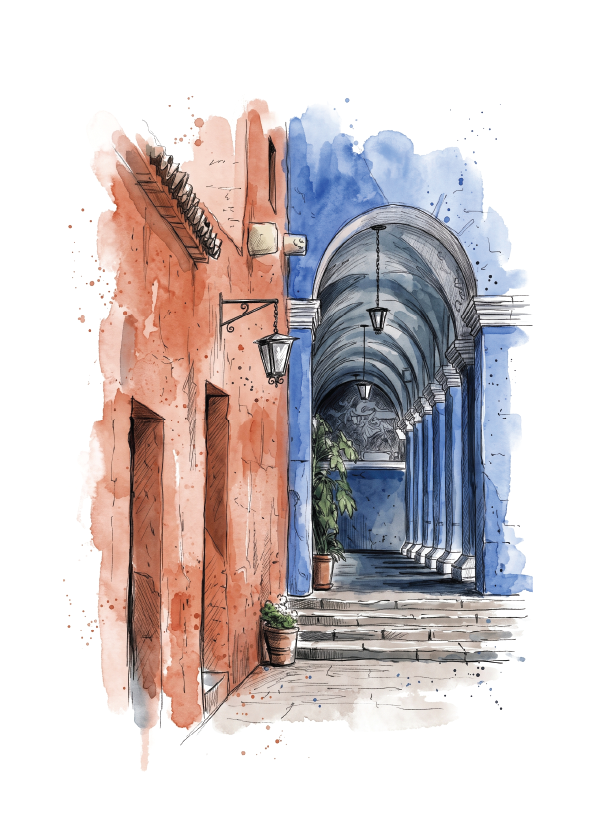 Watercolor-style artwork of Monasterio de Santa Catalina with a narrow outdoor corridor with terracotta walls on the left and a blue arched passageway on the right, with steps, hanging lamps, and potted plants.
