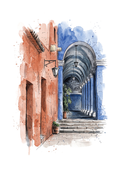 Watercolor-style artwork of Monasterio de Santa Catalina with a narrow outdoor corridor with terracotta walls on the left and a blue arched passageway on the right, with steps, hanging lamps, and potted plants.