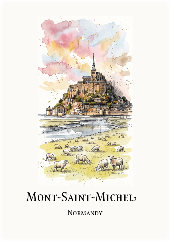 A watercolour-style travel poster print of Mont-Saint-Michel in Normandy, showing the island fortress above a marshland with grazing sheep, on an off-white background with the title text below.