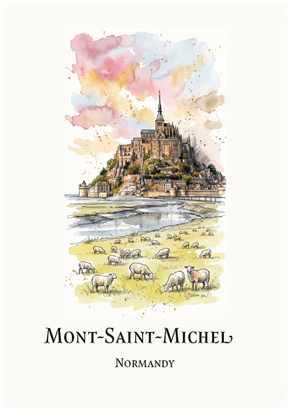 A watercolour-style travel poster print of Mont-Saint-Michel in Normandy, showing the island fortress above a marshland with grazing sheep, on an off-white background with the title text below.
