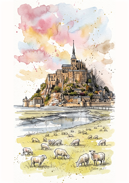 Watercolour-style art print poster depicting Mont Saint-Michel with a church spire on a rocky island, a river in the foreground, and sheep grazing in a pale yellow field under soft pink, blue, and beige clouds.