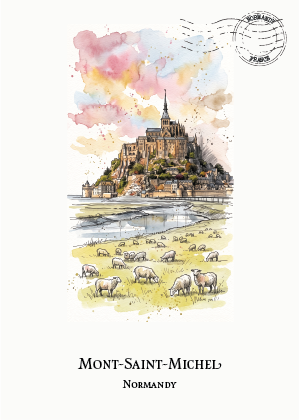 A watercolour-style travel postcard of Mont-Saint-Michel in Normandy, showing the island castle above a river with sheep grazing in the foreground, on an off-white background with a postmark graphic in the top right and the text 'MONT-SAINT-MICHEL' and 'NORMANDY' at the bottom.