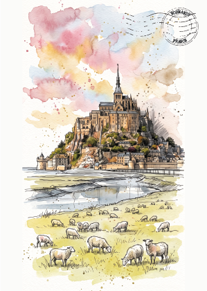 Watercolor art postcard of Mont Saint-Michel with a postmark stamp in the upper right, showing the historic abbey on a rocky island above the sea, with sheep grazing in a field below.