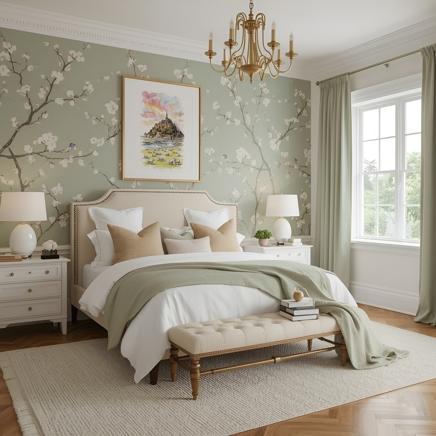 A beautifully styled bedroom featuring a bed dressed in white and sage green linens, set against a wall with sage green floral wallpaper. A matching sage green throw blanket is draped over the foot of the bed, which sits on a large cream-colored area rug with a framed watercolour poster of Mont St Michel